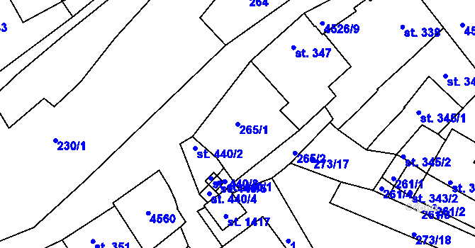 Parcela st. 265/1 v KÚ Počátky, Katastrální mapa