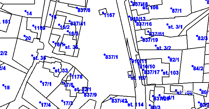 Parcela st. 837/1 v KÚ Počátky u Chotěboře, Katastrální mapa