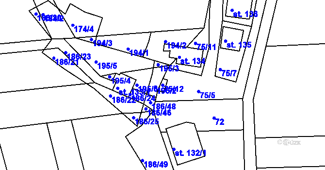 Parcela st. 75/12 v KÚ Volenice u Počedělic, Katastrální mapa