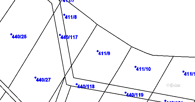 Parcela st. 411/9 v KÚ Tetětice, Katastrální mapa