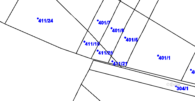 Parcela st. 411/25 v KÚ Tetětice, Katastrální mapa