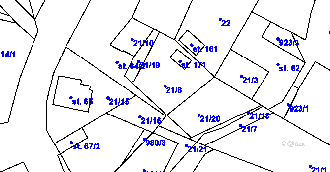 Parcela st. 21/8 v KÚ Podbořanský Rohozec, Katastrální mapa