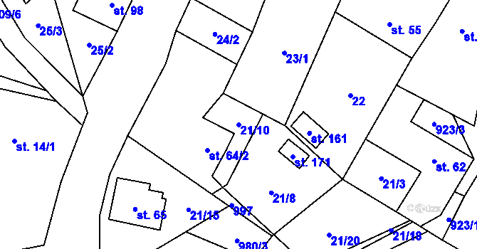 Parcela st. 21/10 v KÚ Podbořanský Rohozec, Katastrální mapa