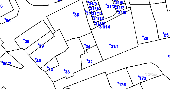 Parcela st. 34 v KÚ Podbořany, Katastrální mapa