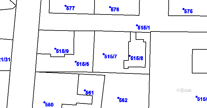 Parcela st. 515/7 v KÚ Podbořany, Katastrální mapa