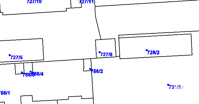 Parcela st. 727/6 v KÚ Podbořany, Katastrální mapa