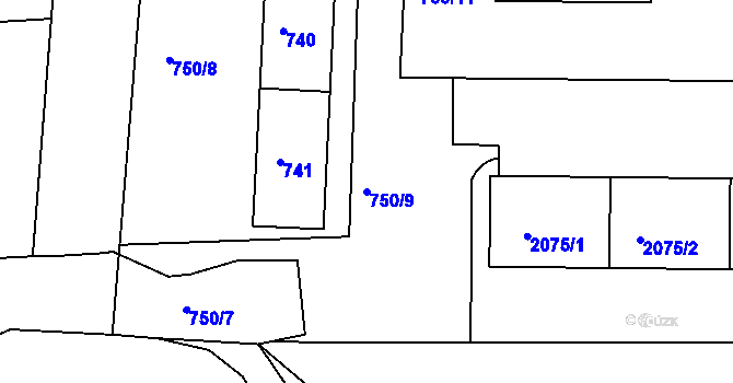 Parcela st. 750/9 v KÚ Podbořany, Katastrální mapa