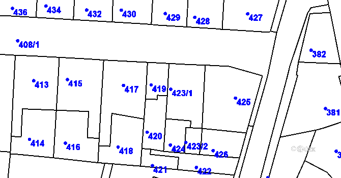 Parcela st. 423/1 v KÚ Podbořany, Katastrální mapa