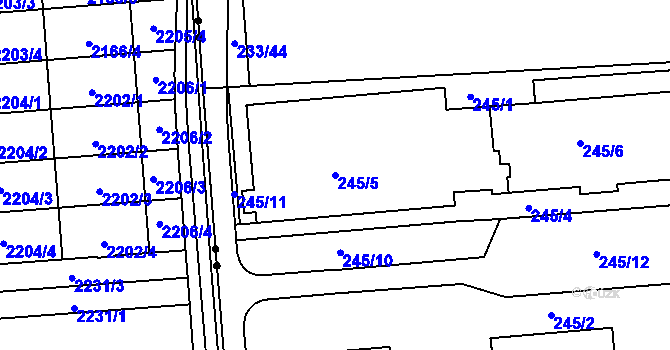 Parcela st. 245/5 v KÚ Hlubany, Katastrální mapa