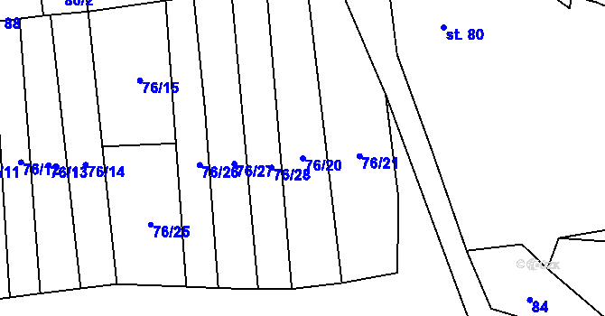 Parcela st. 76/20 v KÚ Podbradec, Katastrální mapa