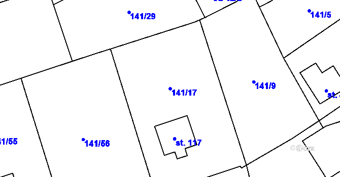 Parcela st. 141/17 v KÚ Podbrdy, Katastrální mapa