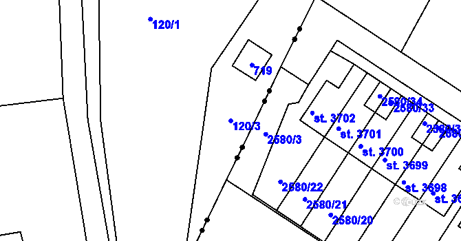 Parcela st. 120/3 v KÚ Poděbaby, Katastrální mapa