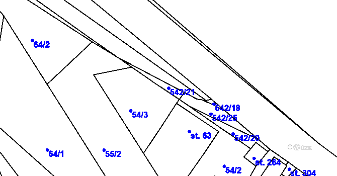 Parcela st. 542/21 v KÚ Poděbaby, Katastrální mapa