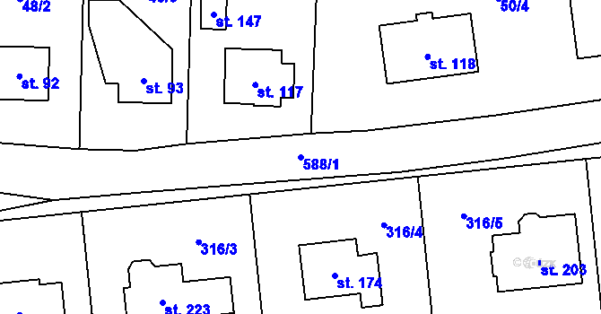 Parcela st. 588/1 v KÚ Poděbaby, Katastrální mapa