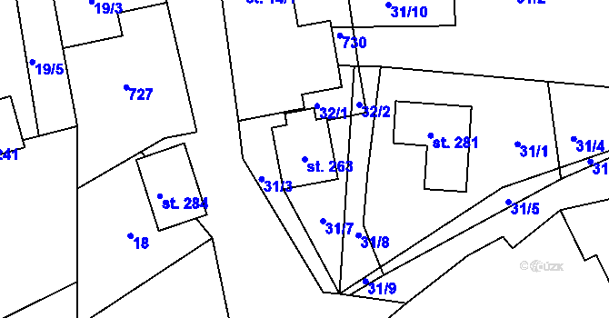 Parcela st. 263 v KÚ Poděbaby, Katastrální mapa