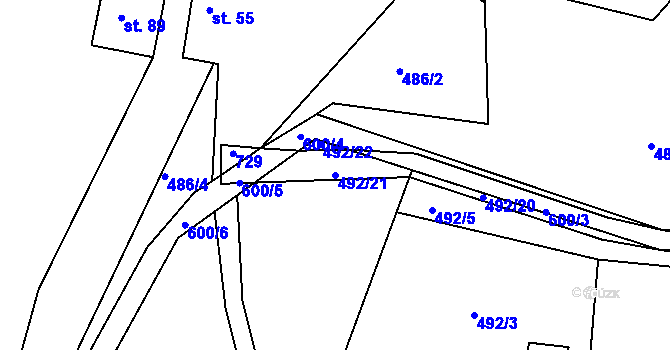 Parcela st. 492/21 v KÚ Poděbaby, Katastrální mapa