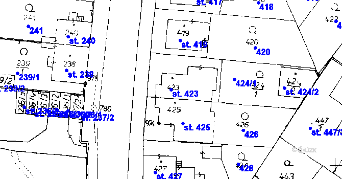 Parcela st. 423 v KÚ Poděbrady, Katastrální mapa