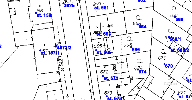Parcela st. 665 v KÚ Poděbrady, Katastrální mapa