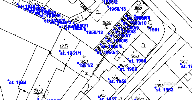 Parcela st. 1950/4 v KÚ Poděbrady, Katastrální mapa