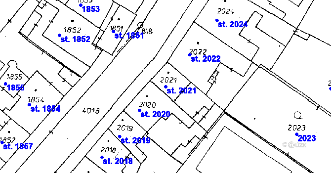Parcela st. 2021 v KÚ Poděbrady, Katastrální mapa