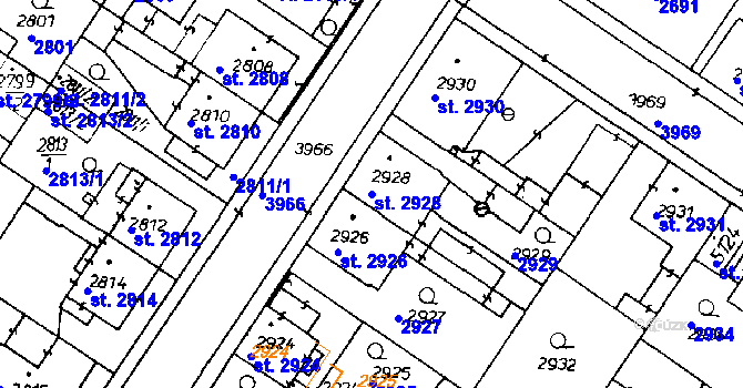Parcela st. 2928 v KÚ Poděbrady, Katastrální mapa