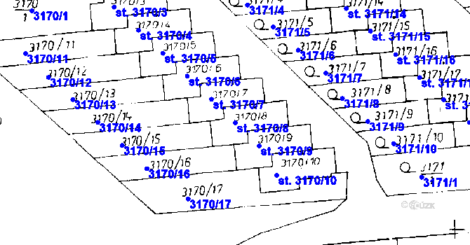 Parcela st. 3170/8 v KÚ Poděbrady, Katastrální mapa