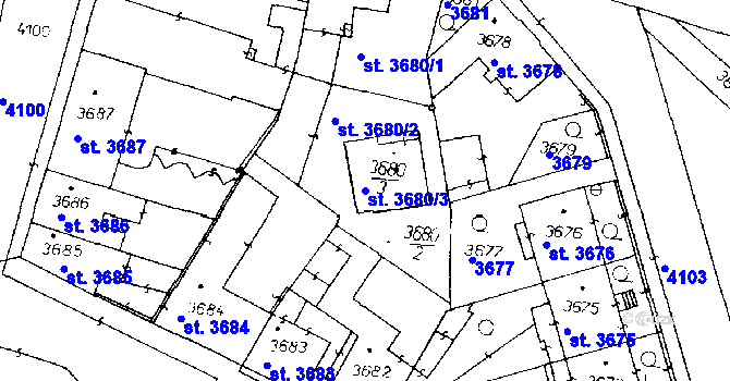 Parcela st. 3680/3 v KÚ Poděbrady, Katastrální mapa