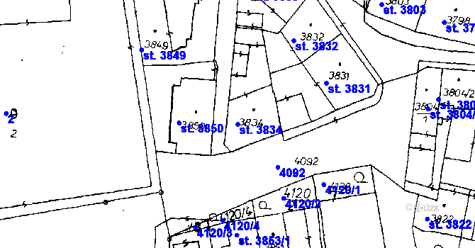 Parcela st. 3834 v KÚ Poděbrady, Katastrální mapa