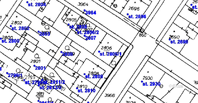 Parcela st. 2806/1 v KÚ Poděbrady, Katastrální mapa
