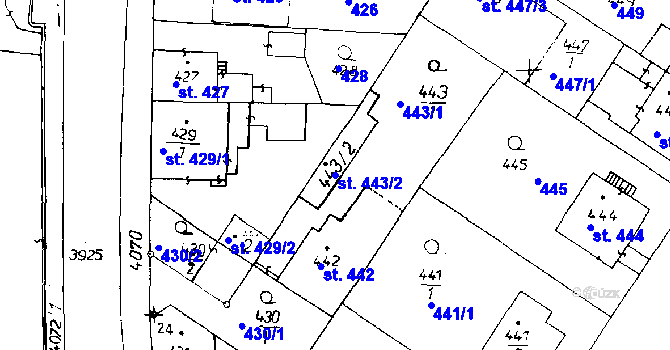 Parcela st. 443/2 v KÚ Poděbrady, Katastrální mapa