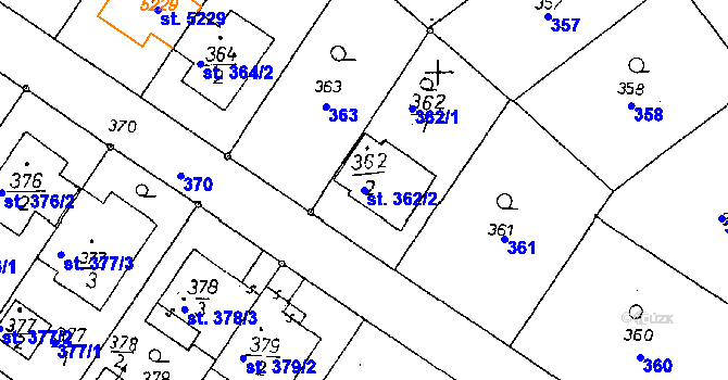 Parcela st. 362/2 v KÚ Poděbrady, Katastrální mapa