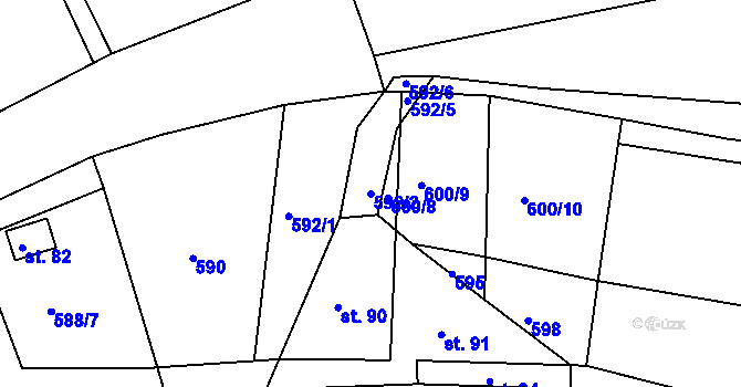 Parcela st. 592/2 v KÚ Poděčely, Katastrální mapa