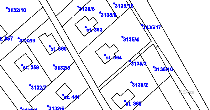 Parcela st. 364 v KÚ Podělusy, Katastrální mapa