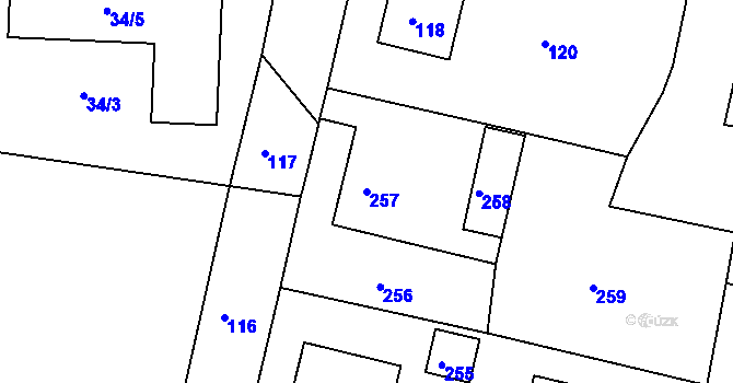 Parcela st. 257 v KÚ Poděšín, Katastrální mapa