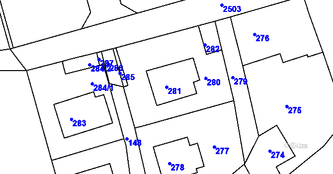 Parcela st. 281 v KÚ Poděšín, Katastrální mapa