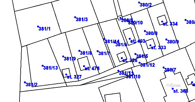 Parcela st. 381/7 v KÚ Podhradí nad Dyjí, Katastrální mapa