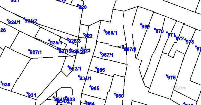 Parcela st. 967/1 v KÚ Podivín, Katastrální mapa