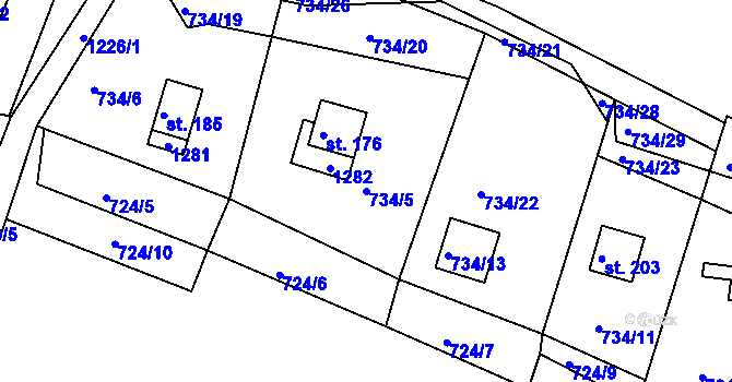 Parcela st. 734/5 v KÚ Podkopná Lhota, Katastrální mapa