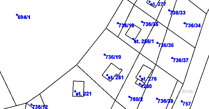 Parcela st. 736/19 v KÚ Podkopná Lhota, Katastrální mapa