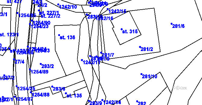 Parcela st. 281/7 v KÚ Podkopná Lhota, Katastrální mapa