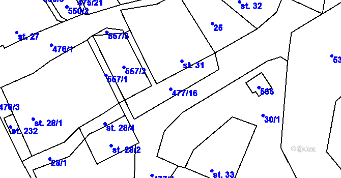Parcela st. 477/16 v KÚ Podlažice, Katastrální mapa