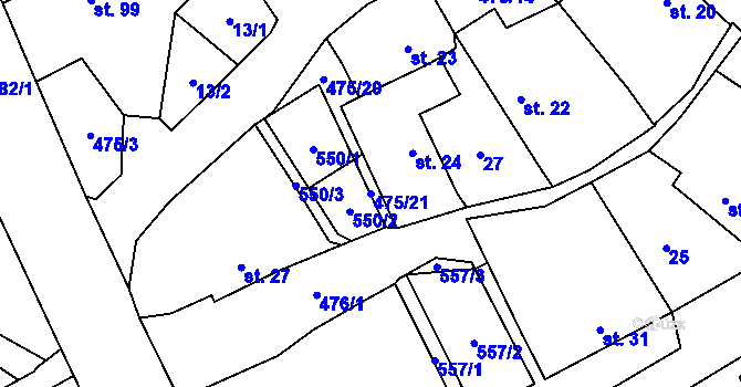 Parcela st. 475/21 v KÚ Podlažice, Katastrální mapa