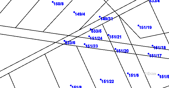Parcela st. 151/23 v KÚ Podlažice, Katastrální mapa