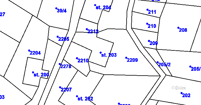 Parcela st. 203 v KÚ Podlesí-město, Katastrální mapa