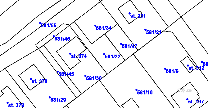 Parcela st. 581/22 v KÚ Podluhy, Katastrální mapa