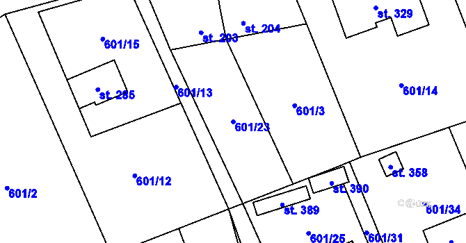 Parcela st. 601/23 v KÚ Podluhy, Katastrální mapa