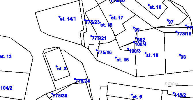 Parcela st. 775/16 v KÚ Podluhy, Katastrální mapa
