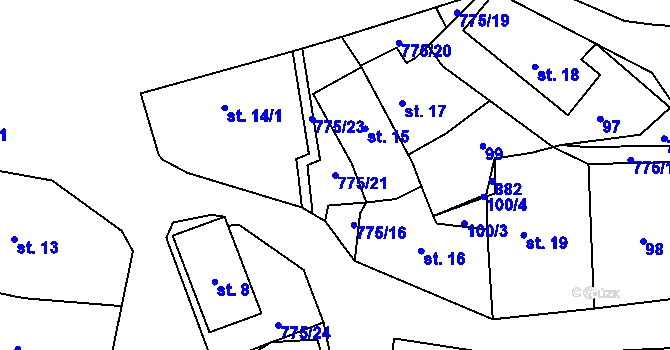 Parcela st. 775/21 v KÚ Podluhy, Katastrální mapa