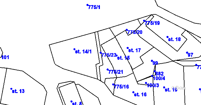 Parcela st. 775/23 v KÚ Podluhy, Katastrální mapa