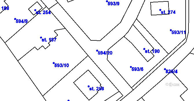 Parcela st. 594/20 v KÚ Podluhy, Katastrální mapa